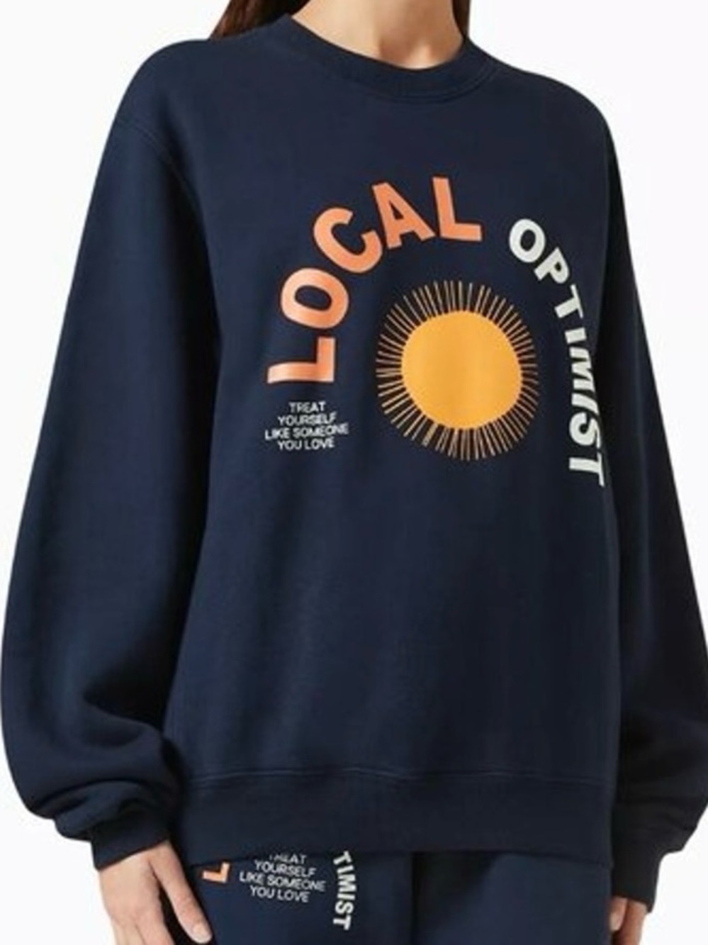 Madhappy Local Optimist Navy Crewneck Sweatshirt with Orange Sun Graphic Size M